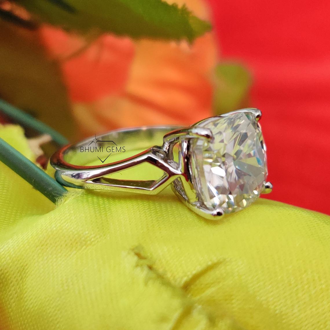 5.14 TCW Cushion Cut VVS1 Colorless Moissanite Engagement Ring | Solitaire Ring | Ring For Her | Wedding Ring | Silver Gold Ring | Bhumi Gems