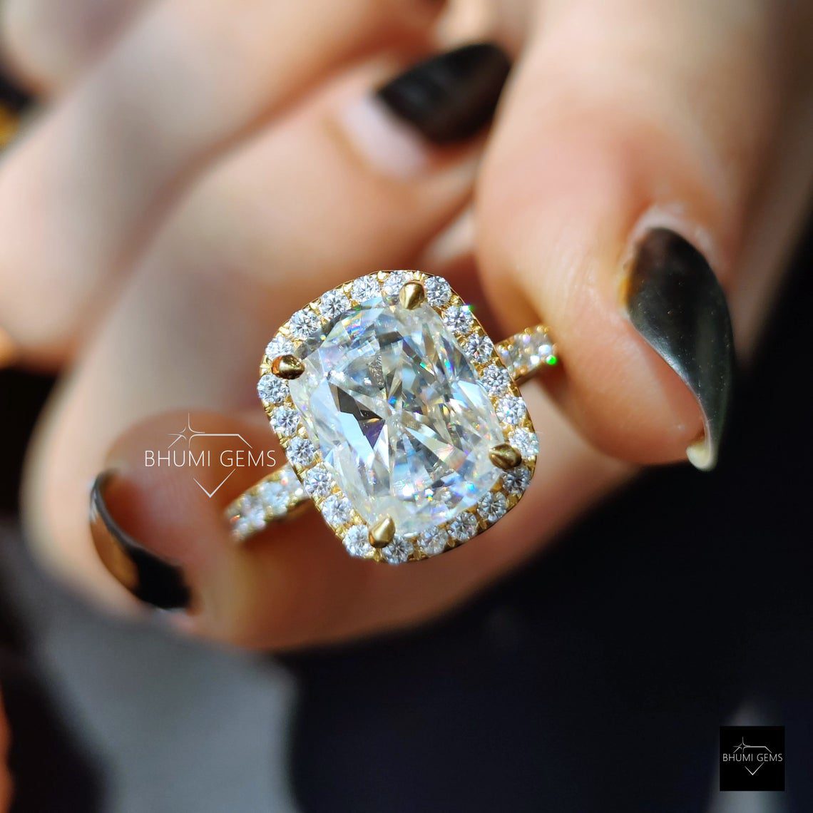 5.69TCW Elongated Moissanite Ring | Cushion Cut Halo Ring
