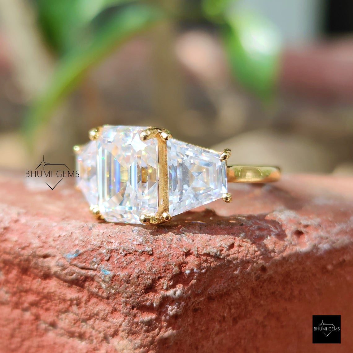 5 TCW Emerald & Trapezoid Cut Moissanite Engagement Ring - view 3