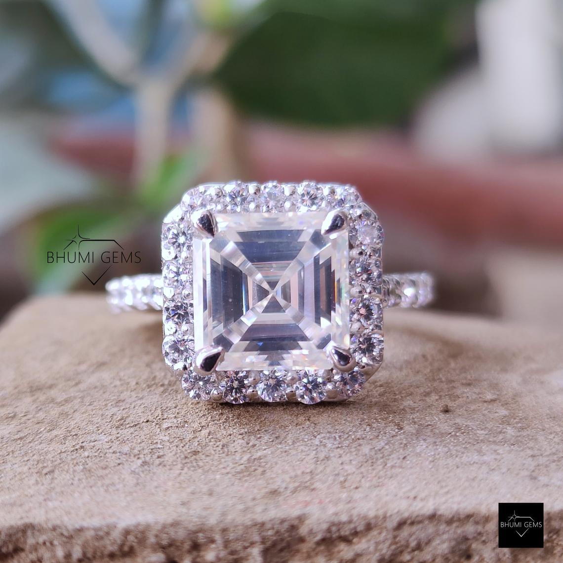 5.74TCW Asscher Cut Colorless Moissanite Ring, Engagement Ring, Halo Ring, Wedding Ring, Bridal Set Claw Prong Art Deco Ring Gift For Her