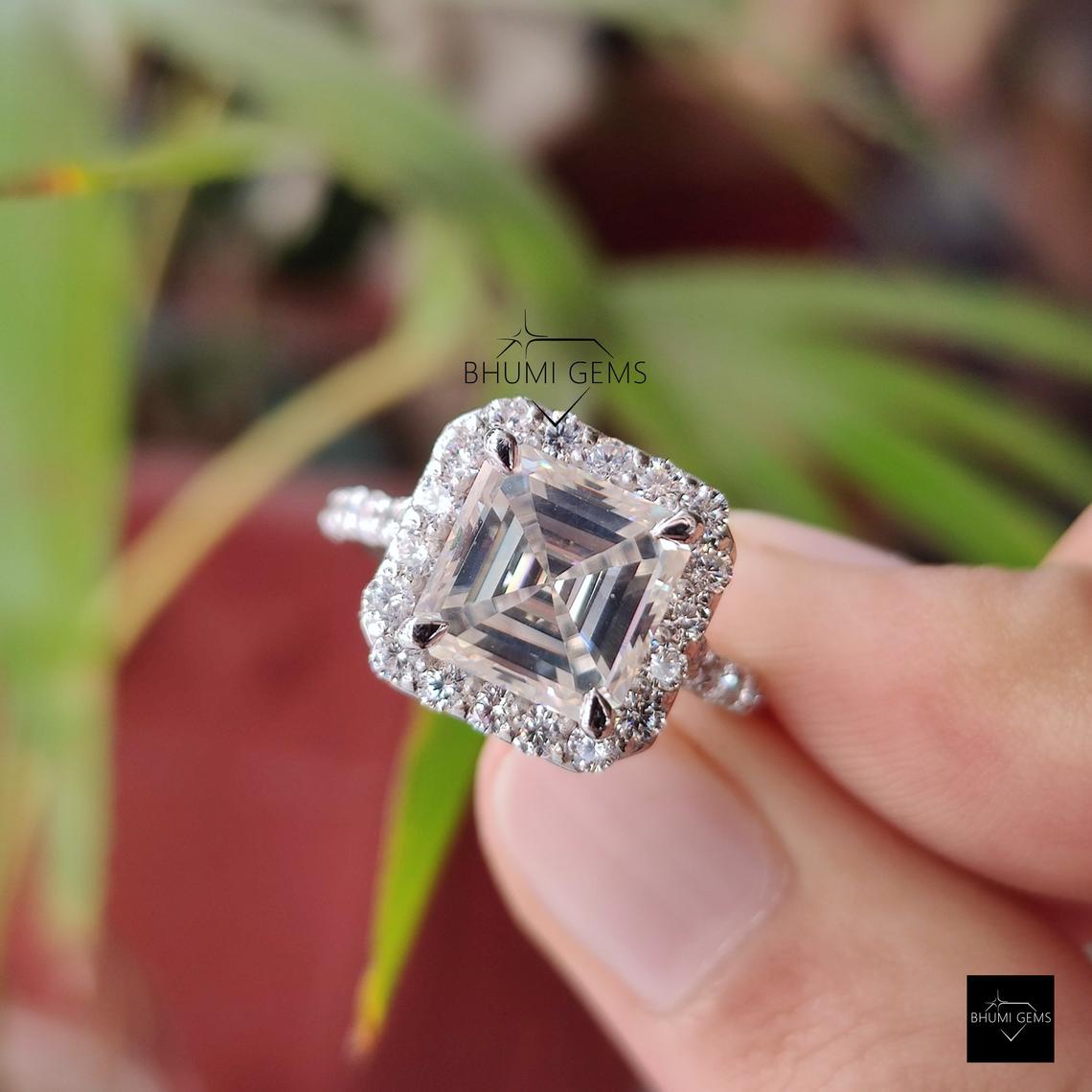 5.74TCW Asscher Cut Colorless Moissanite Ring, Engagement Ring, Halo Ring, Wedding Ring, Bridal Set Claw Prong Art Deco Ring Gift For Her