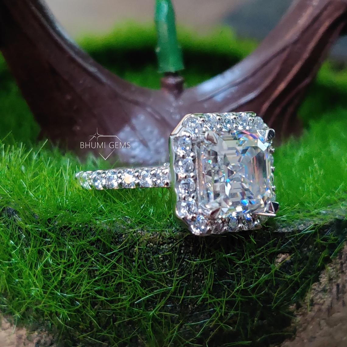 5.80TCW Asscher Colorless Moissanite Engagement Ring, Halo Ring, Wedding Bridal Set Antique Vintage Jewelry White/Yellow/Rose Gold, Gift Her