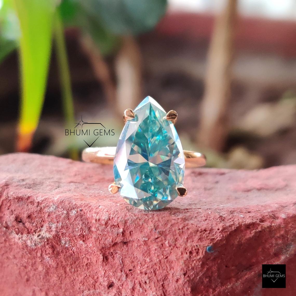 5 CT Blue Pear Shaped Solitaire Moissanite Engagement Ring - view 3