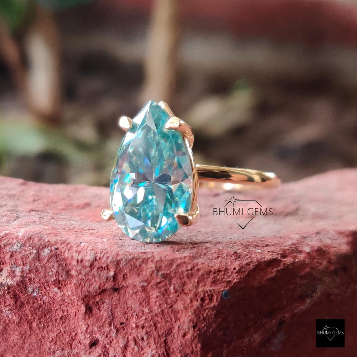5CT Blue Pear Solitaire Moissanite gold Ring | Bhumi Gems