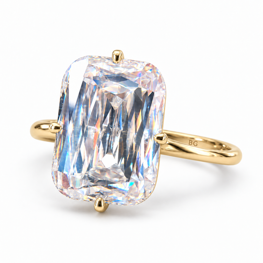 5 CT criss cut moissanite solitaire ring with compass four prong setting in yellow gold