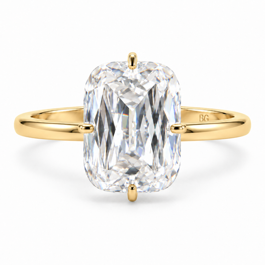 5 CT criss cut moissanite engagement ring with compass prongs in yellow gold