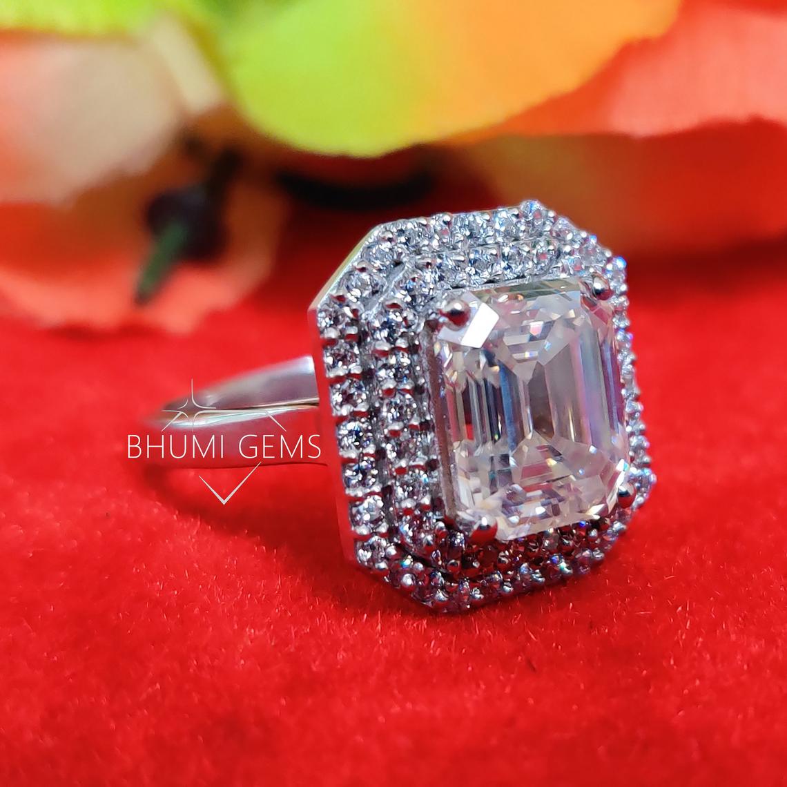 5CT Emerald Colorless Moissanite Engagement Ring, Wedding Ring, Halo Ring, Gold Silver Ring, Ring For Women, Bridal Handmade Ring Bhumi Gems