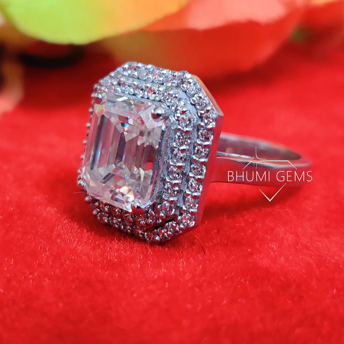 5CT Emerald Colorless Moissanite Engagement Ring, Wedding Ring, Halo Ring, Gold Silver Ring, Ring For Women, Bridal Handmade Ring Bhumi Gems