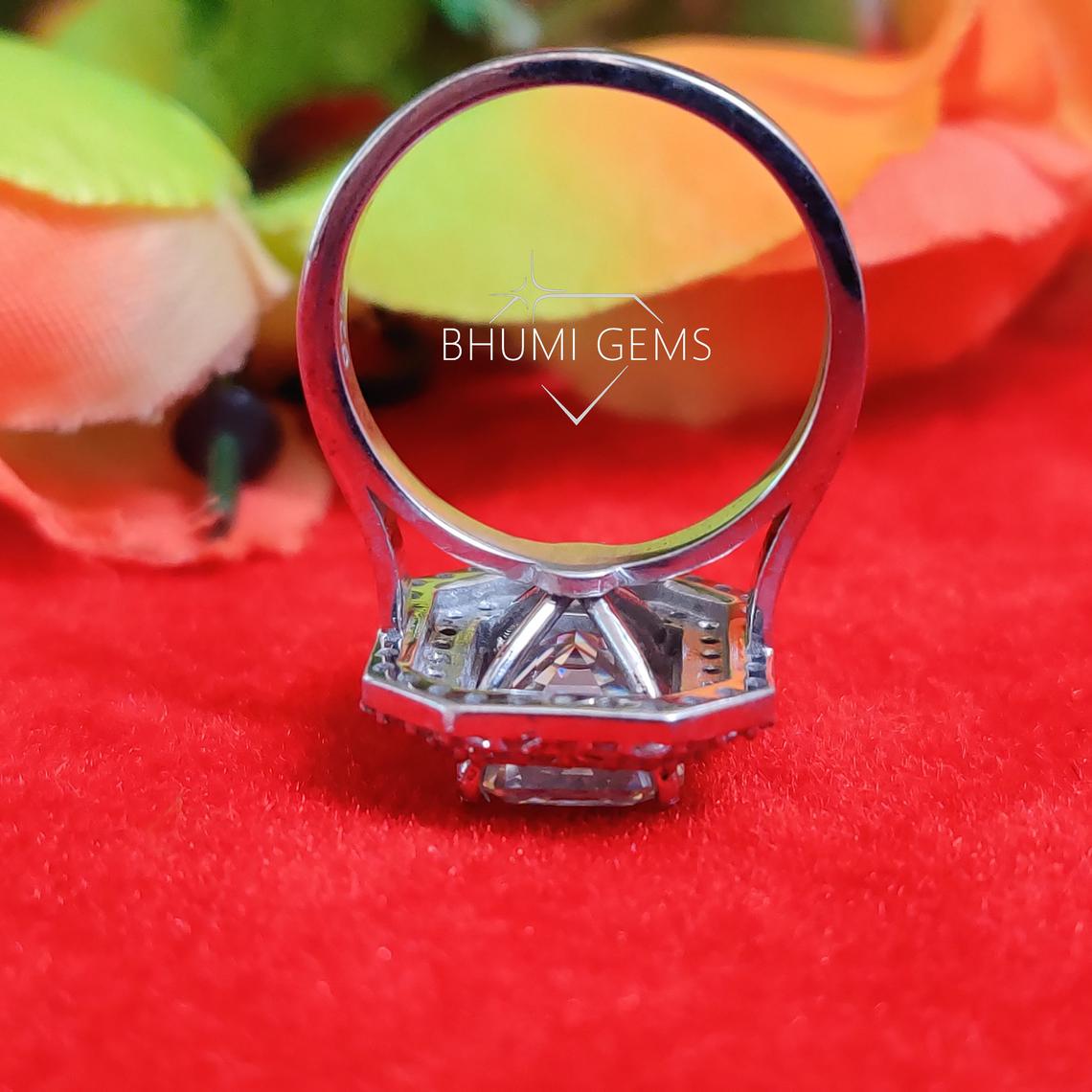 5CT Emerald Colorless Moissanite Engagement Ring, Wedding Ring, Halo Ring, Gold Silver Ring, Ring For Women, Bridal Handmade Ring Bhumi Gems