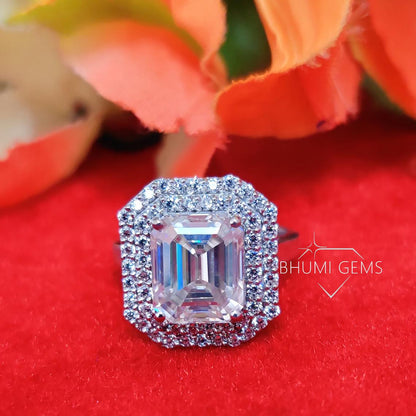 5CT Emerald Colorless Moissanite Engagement Ring, Wedding Ring, Halo Ring, Gold Silver Ring, Ring For Women, Bridal Handmade Ring Bhumi Gems