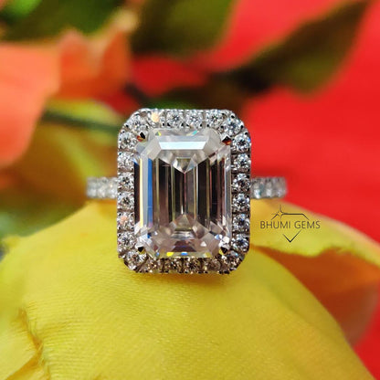 5CT Emerald Cut VVS1 Moissanite Wedding Ring Set | Engagement Ring | Eternity Band | Halo Setting | 14KT White Gold |Bridal Set Gift For Her