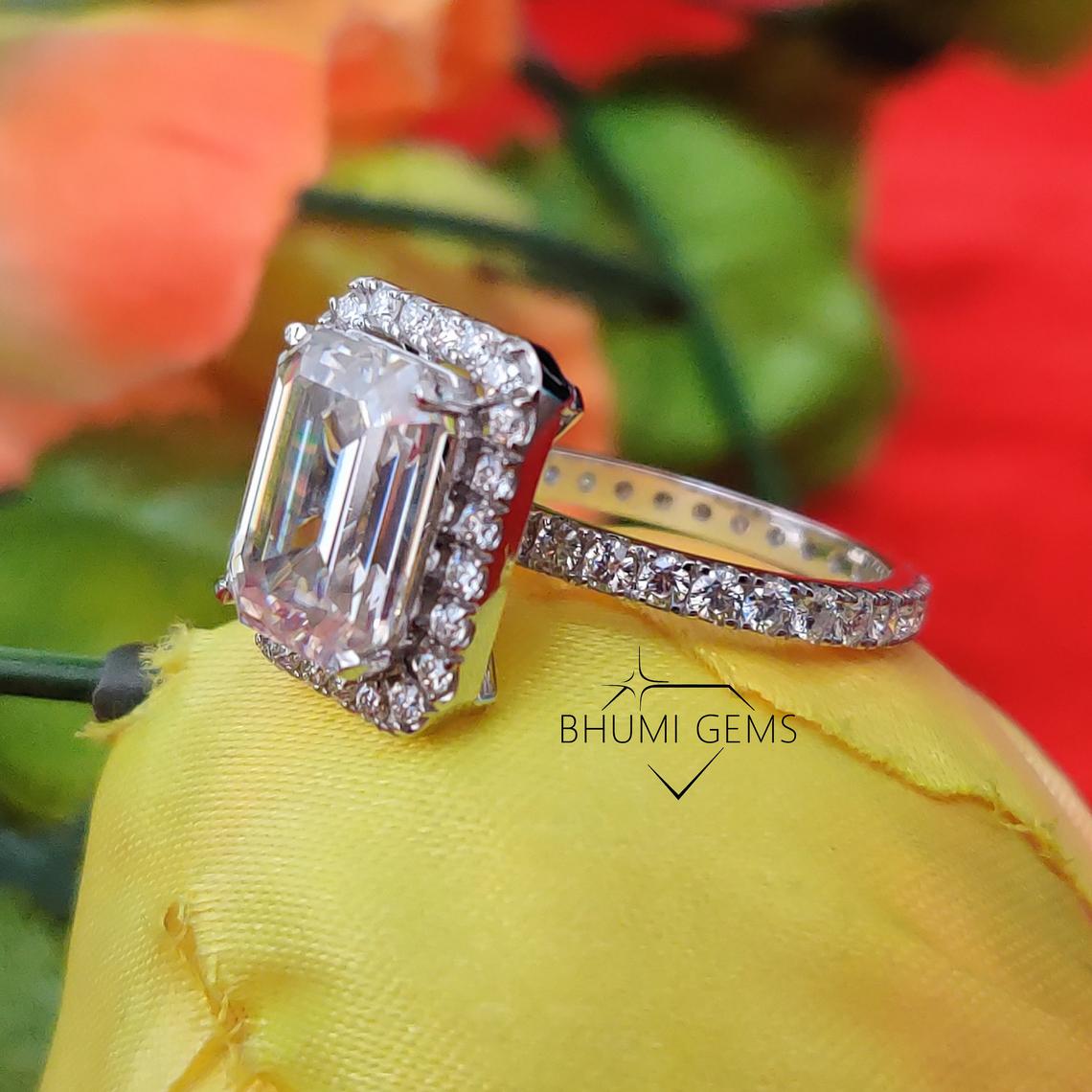5CT Emerald Cut VVS1 Moissanite Wedding Ring Set | Engagement Ring | Eternity Band | Halo Setting | 14KT White Gold |Bridal Set Gift For Her