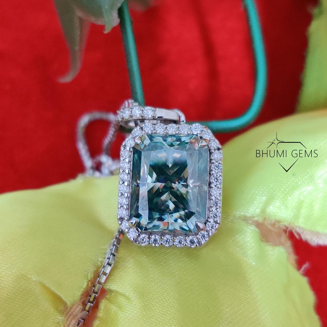 5CT Radiant Dark Green VVS1 Clarity, Moissanite Pendant, Moissanite Jewelry, Diamond Pendant, Gold Pendant, Art Deco Necklace, By Bhumi Gems