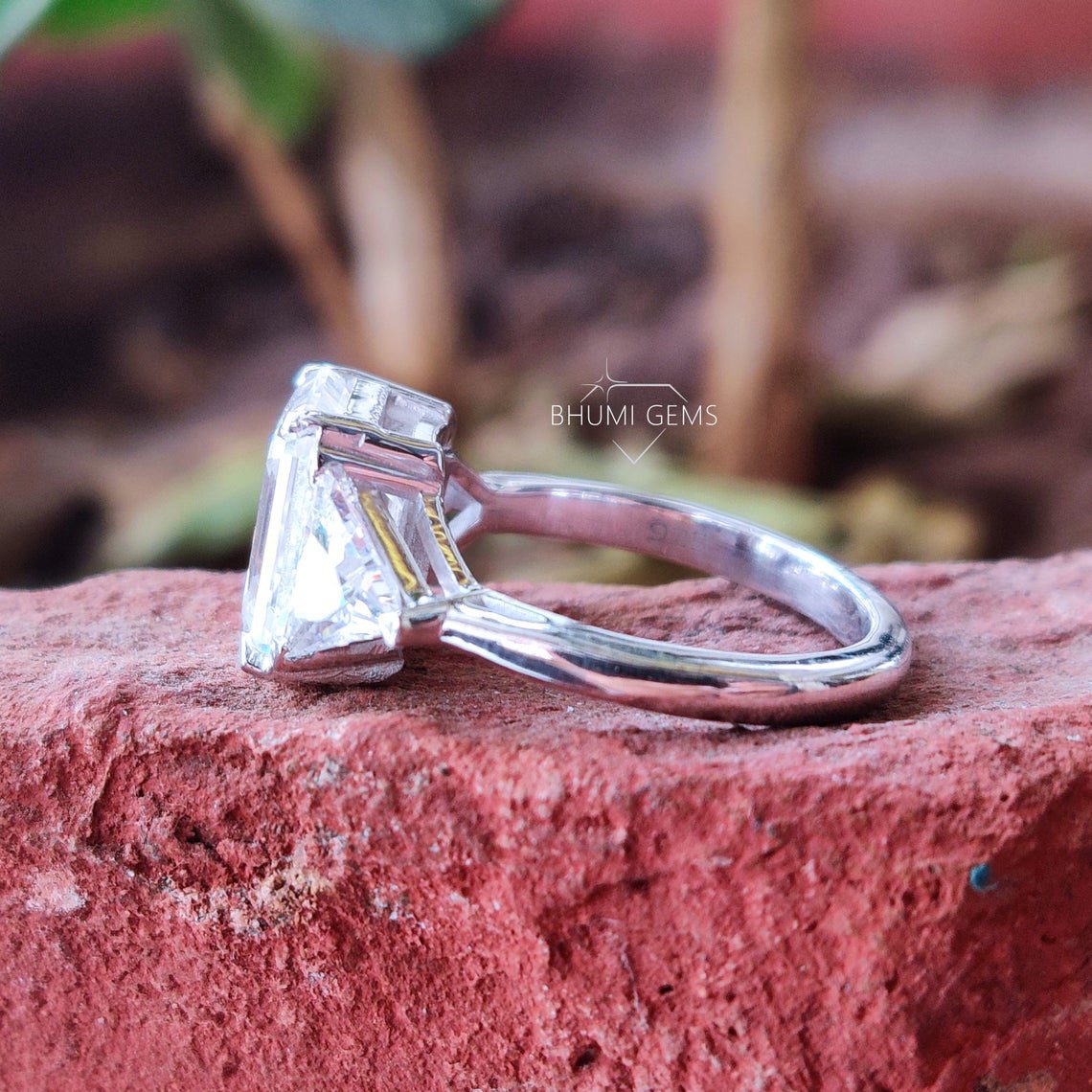 5 TCW Emerald and Triangle Cut Moissanite Three Stone Engagement Ring - view 5