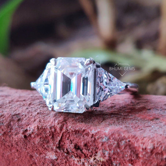 5 TCW Emerald and Triangle Cut Moissanite Three Stone Engagement Ring - view 2