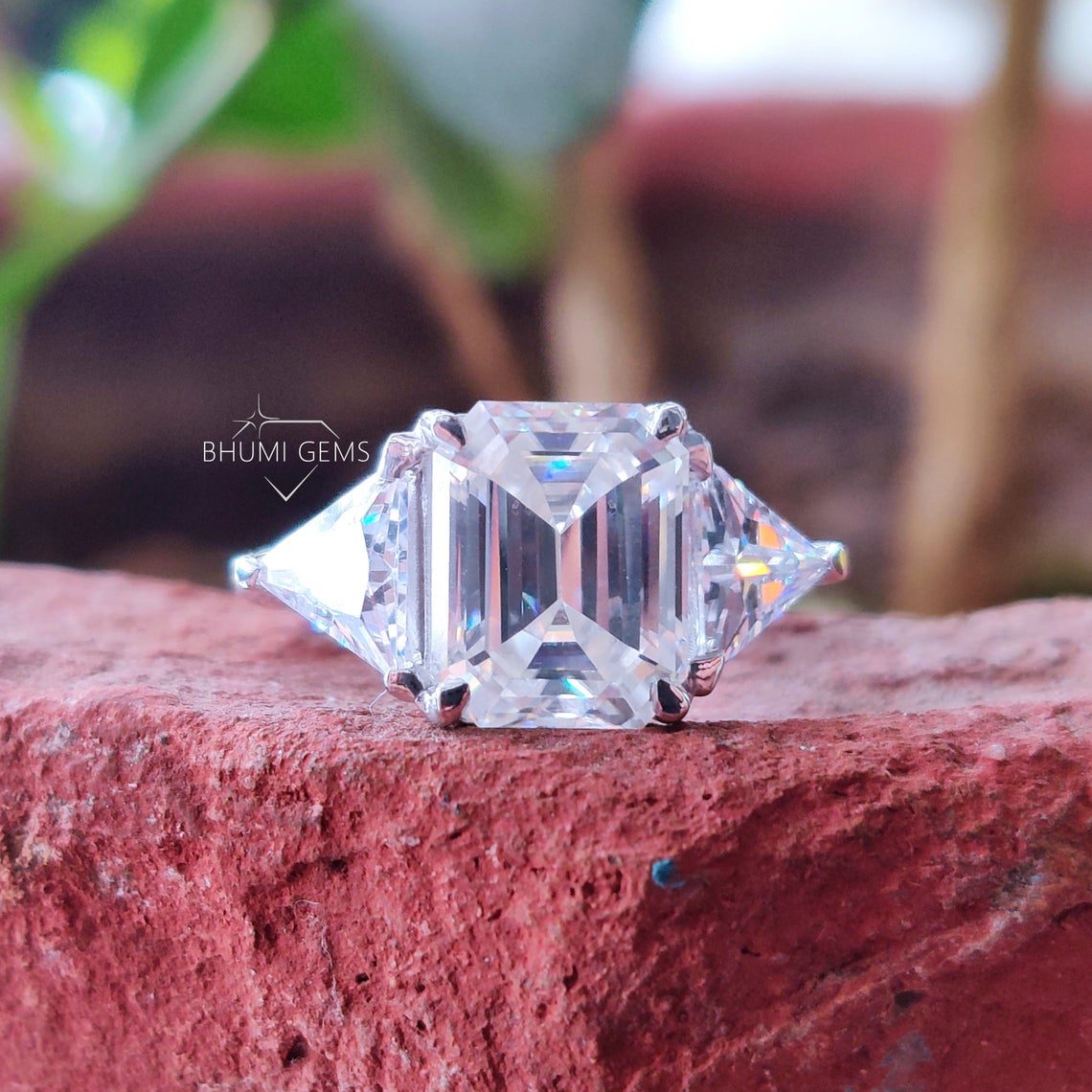 5TCW Emerald & Triangle Three Stone Bridal Set | Bhumi Gems