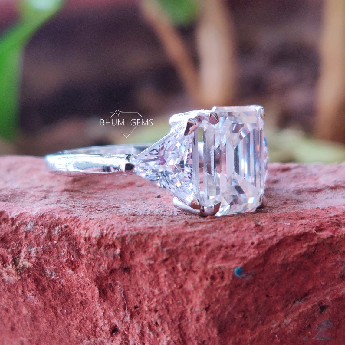 5 TCW Emerald and Triangle Cut Moissanite Three Stone Engagement Ring - view 3
