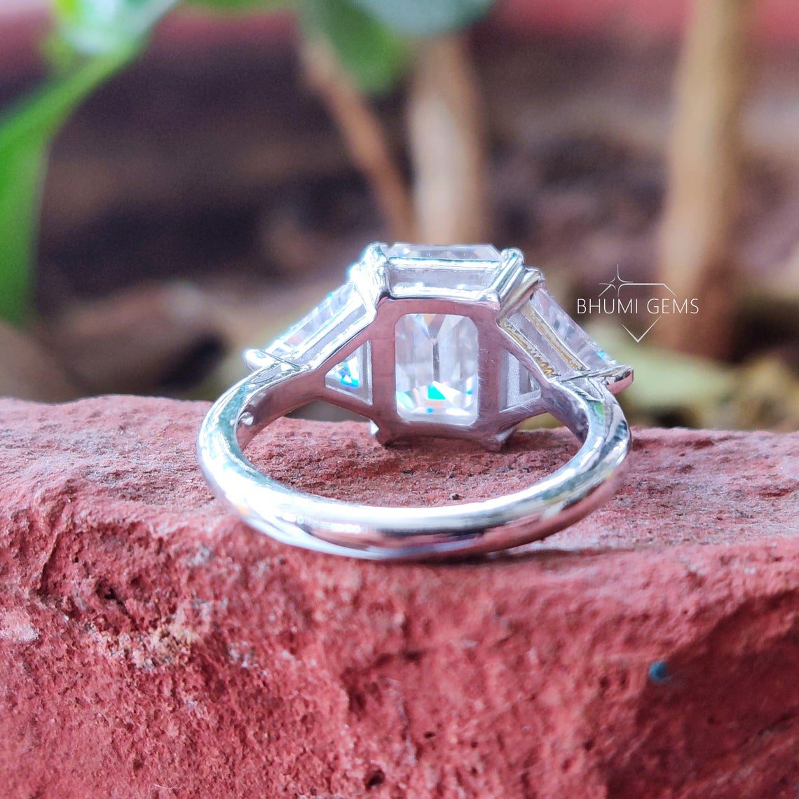 5 TCW Emerald and Triangle Cut Moissanite Three Stone Engagement Ring - view 4