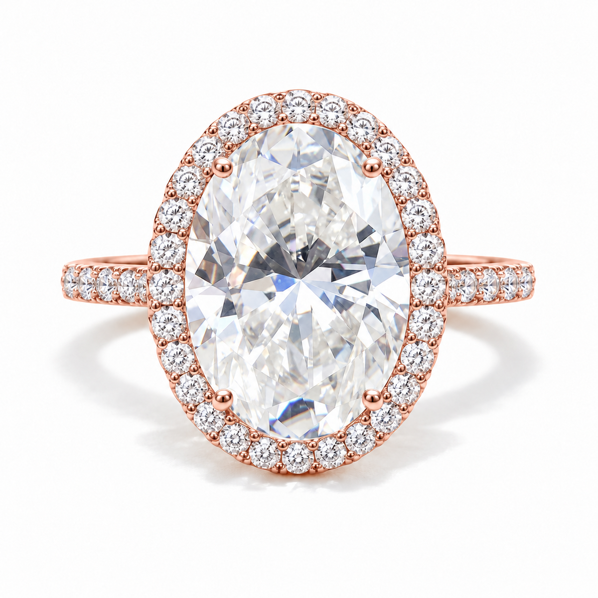 6 CT Oval Cut Colorless Moissanite Engagement Ring - Halo - Rose gold - front view