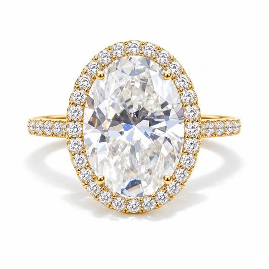 6 CT Oval Cut Colorless Moissanite Engagement Ring - Halo - Yellow gold - front view