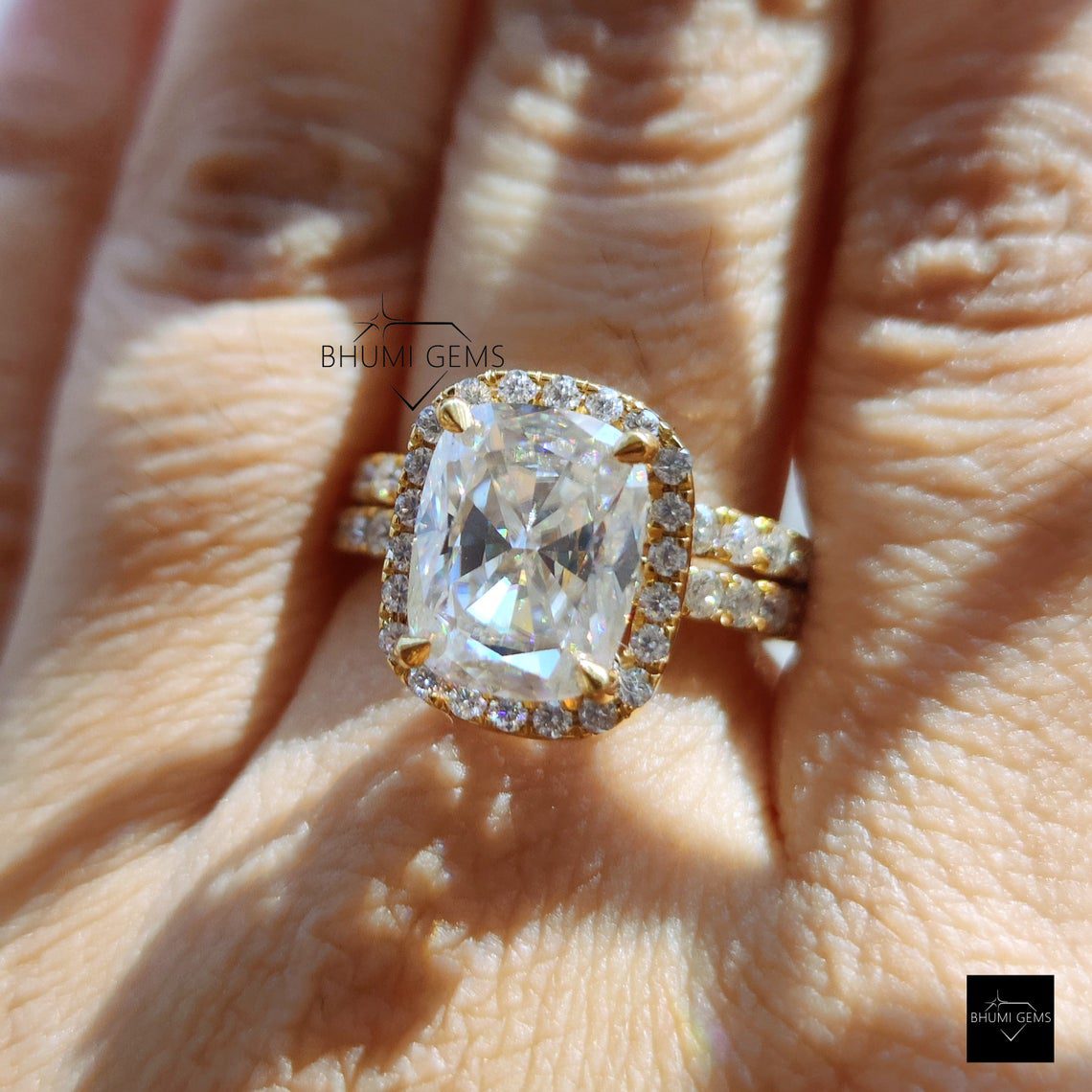 6.19TCW Elongated Cushion Moissanite Bridal Ring Set - view 2