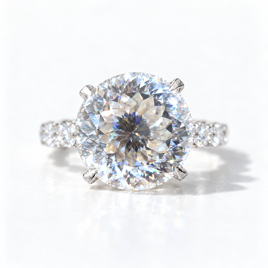 6.75 TCW Portuguese cut moissanite engagement ring with round side stones in white gold