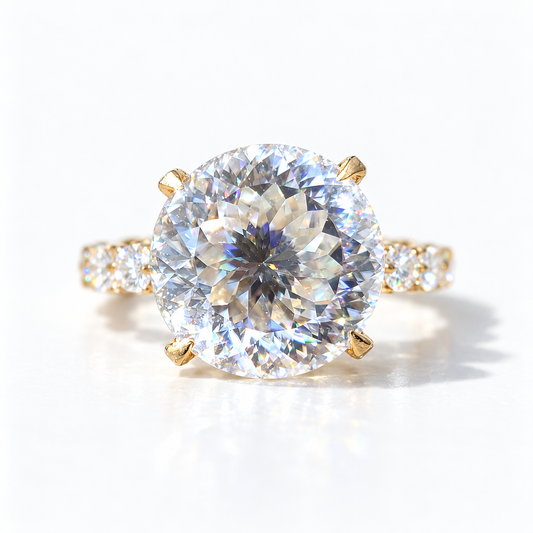 6.75 TCW Portuguese cut moissanite engagement ring with round side stones in yellow gold