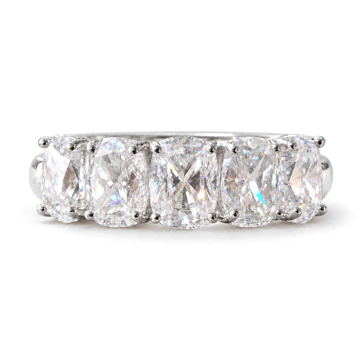 6 TCW elongated cushion five stone moissanite wedding band in white gold