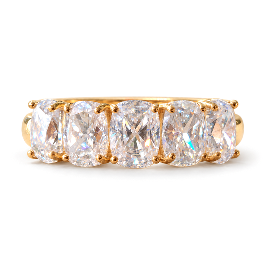 6 TCW elongated cushion five stone moissanite wedding band in yellow gold