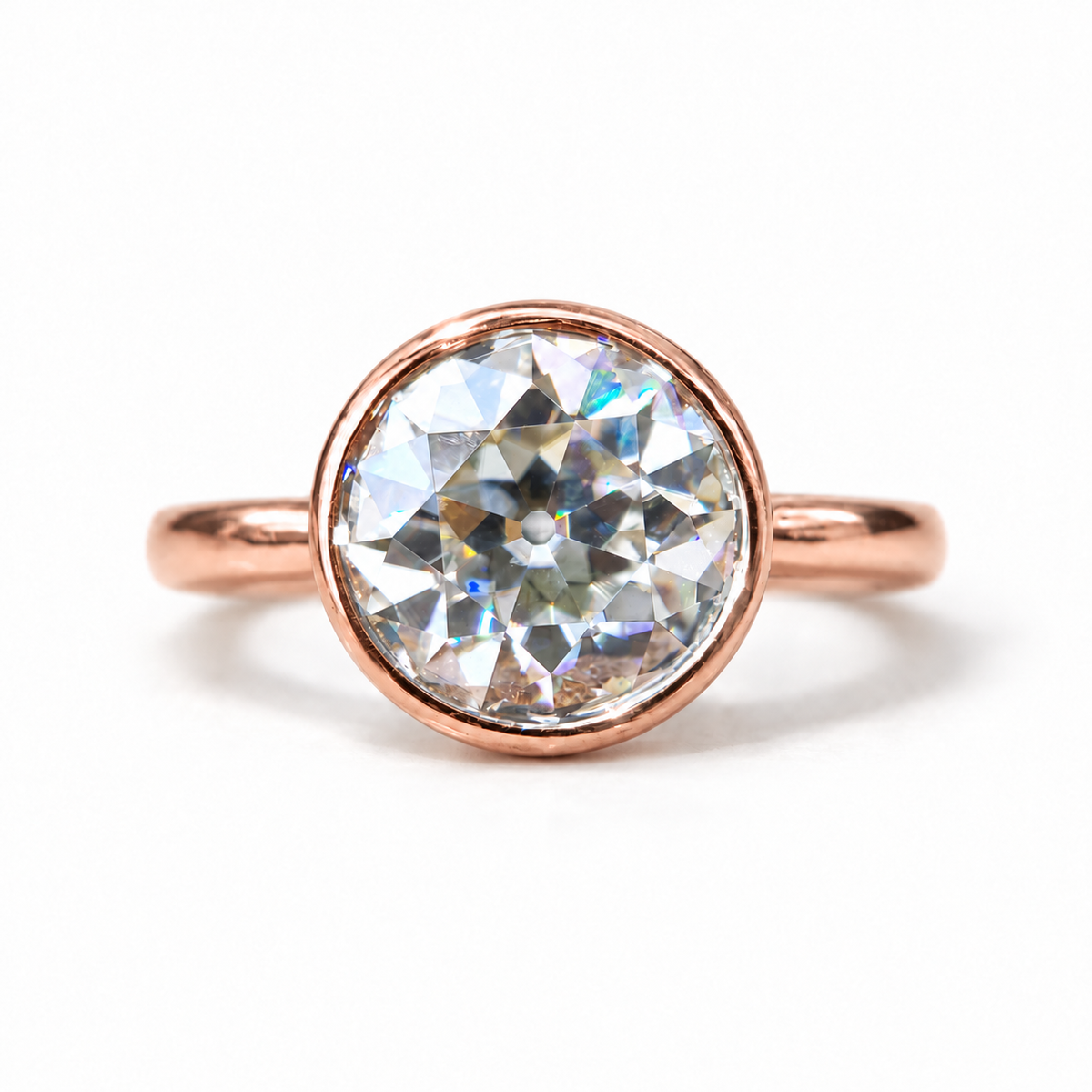 9 MM Old European cut moissanite bezel set ring in rose gold