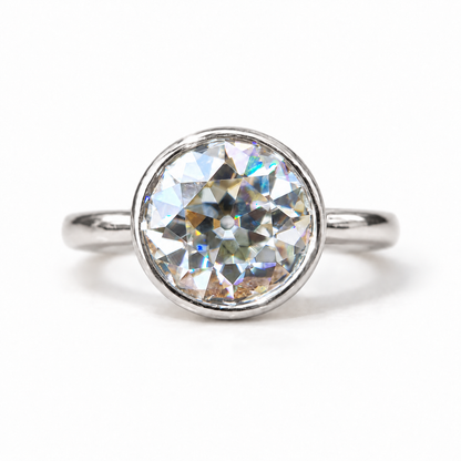 9 MM Old European cut moissanite bezel set ring in white gold