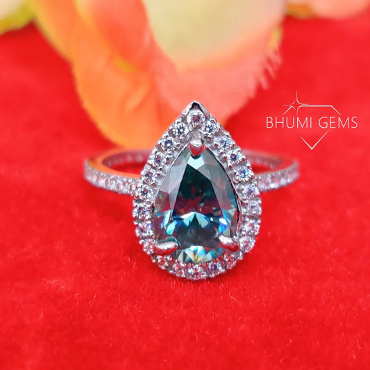 Green Pear Cut Halo Engagement Ring