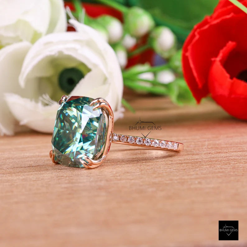 Greenish Blue Cushion Moissanite Engagement Ring