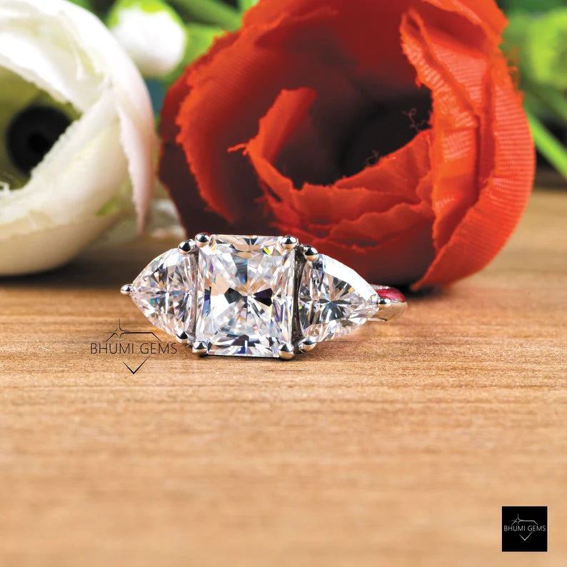 Radiant Cut Three Stone Moissanite Engagement Ring