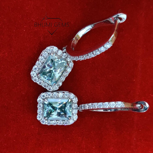 3 TCW Radiant Cut Dark Green Moissanite Halo Drop Earrings