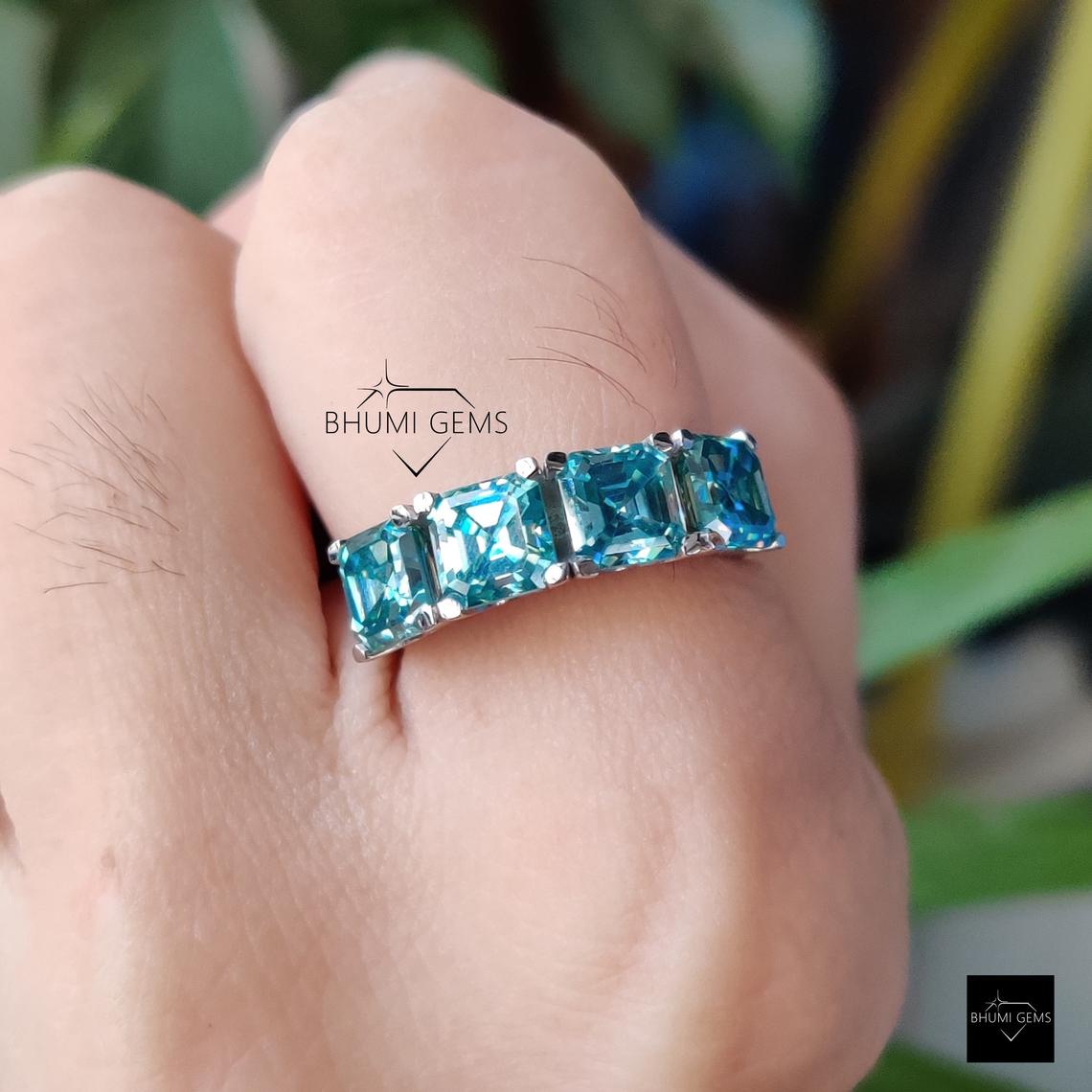 Blue 4 Stone Asccher Moissanite Band Engagement Wedding Ring - view 3