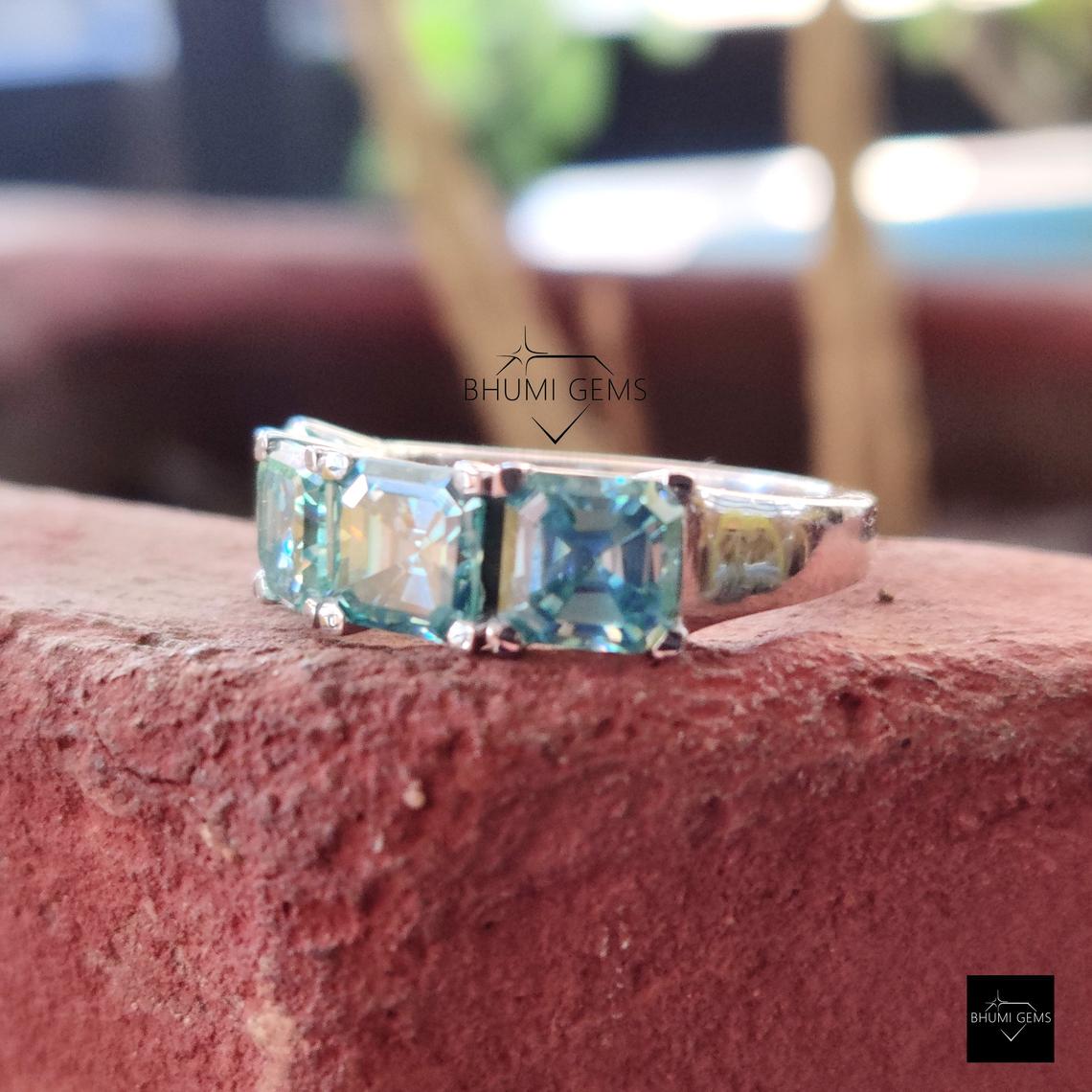 Blue 4 Stone Asccher Moissanite Band Engagement Wedding Ring - view 4