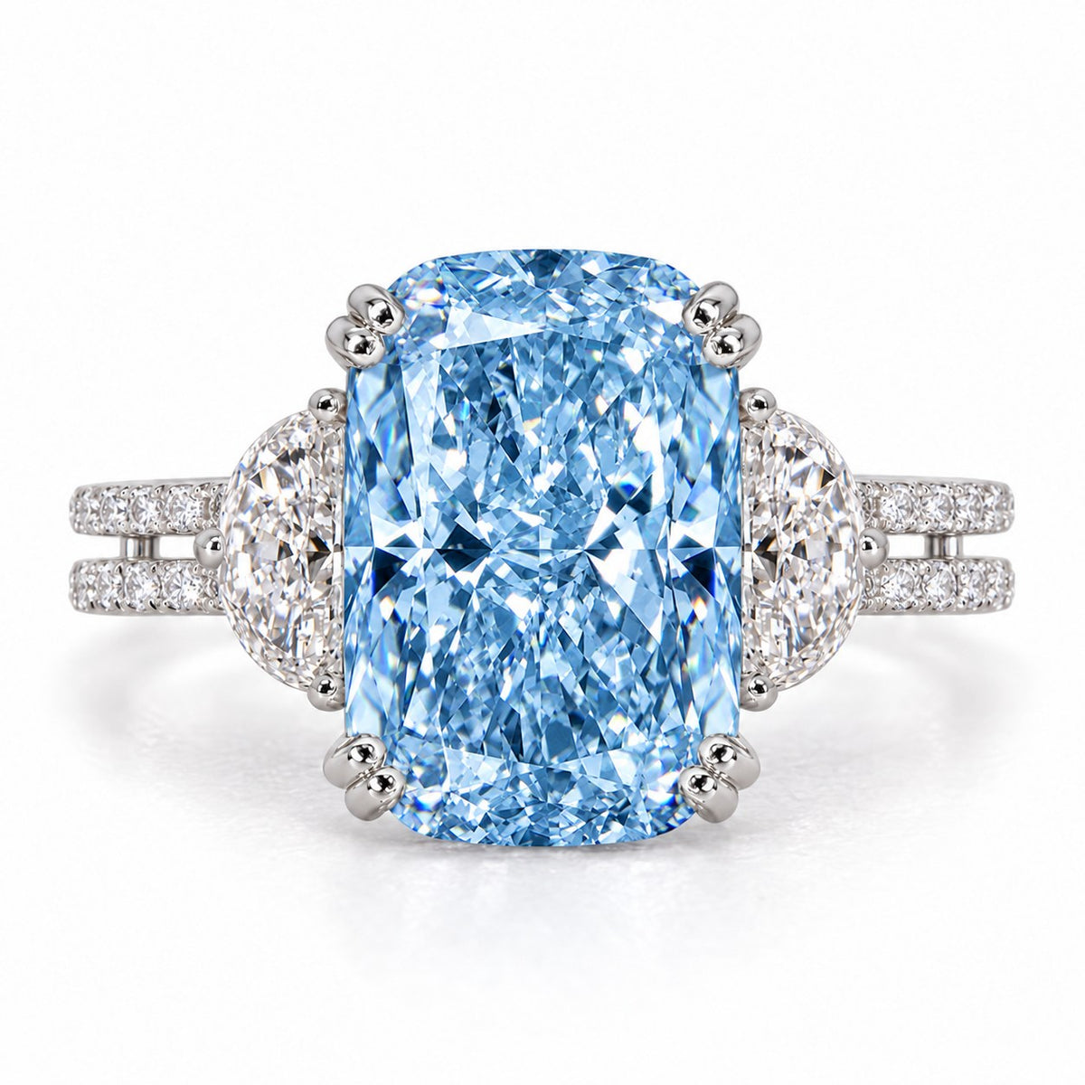 Blue Elongated Cushion Cut Lab Grown Diamond Engagement Ring - Half Moon Split Shank in white gold, front view