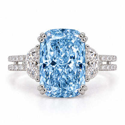 Blue Elongated Cushion Cut Lab Grown Diamond Engagement Ring - Half Moon Split Shank in white gold, front view