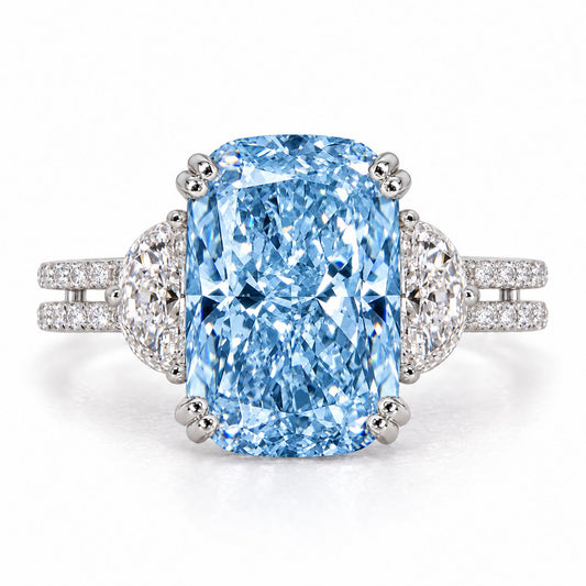 Blue Elongated Cushion Cut Lab Grown Diamond Engagement Ring - Half Moon Split Shank in white gold, front view