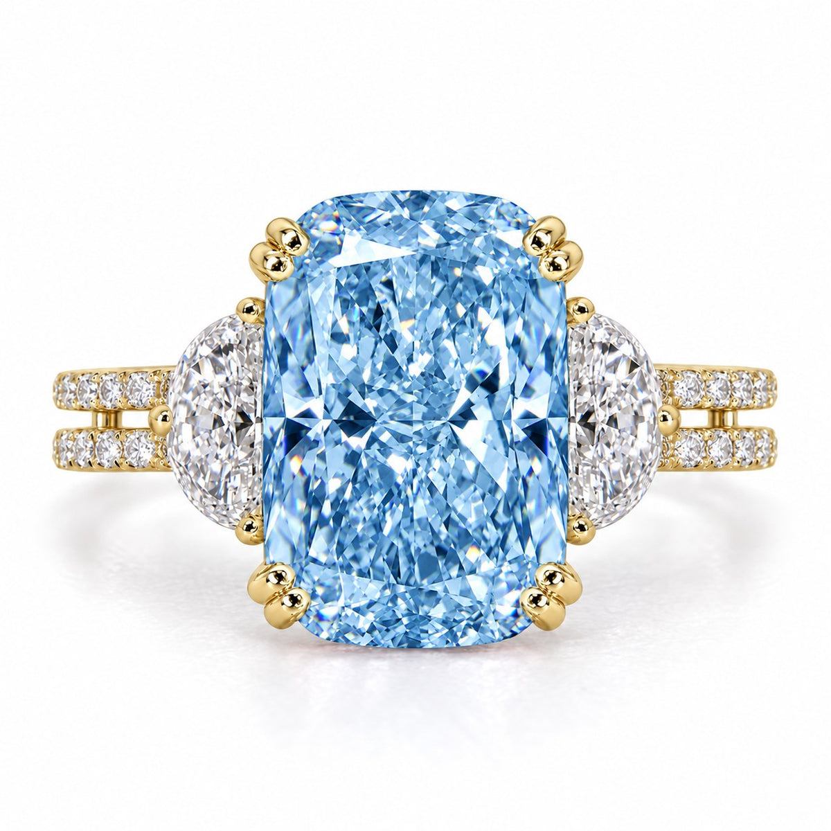 Blue Elongated Cushion Cut Lab Grown Diamond Engagement Ring - Half Moon Split Shank in yellow gold, front view