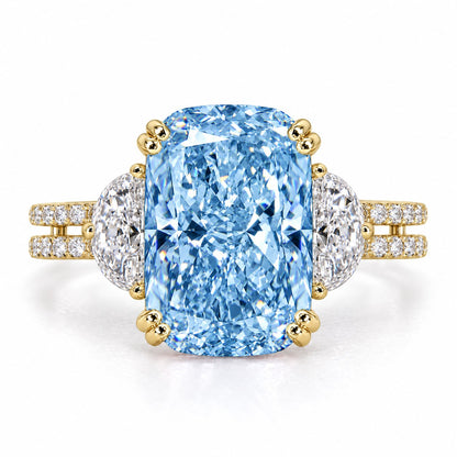Blue Elongated Cushion Cut Lab Grown Diamond Engagement Ring - Half Moon Split Shank in yellow gold, front view