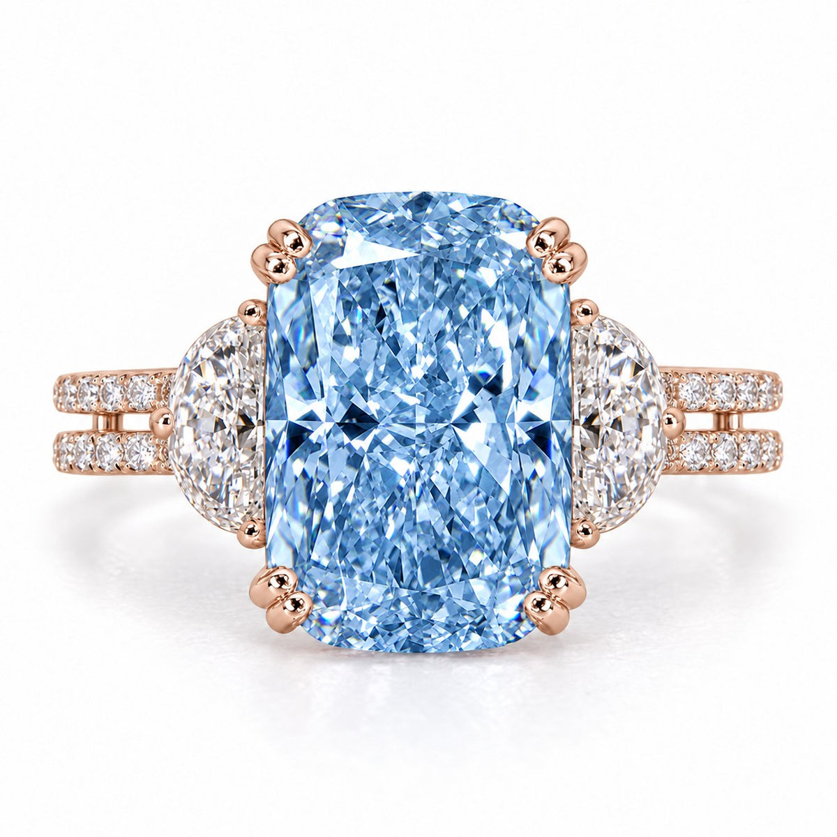 Blue Elongated Cushion Cut Lab Grown Diamond Engagement Ring - Half Moon Split Shank in rose gold, front view