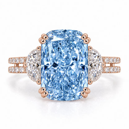 Blue Elongated Cushion Cut Lab Grown Diamond Engagement Ring - Half Moon Split Shank in rose gold, front view