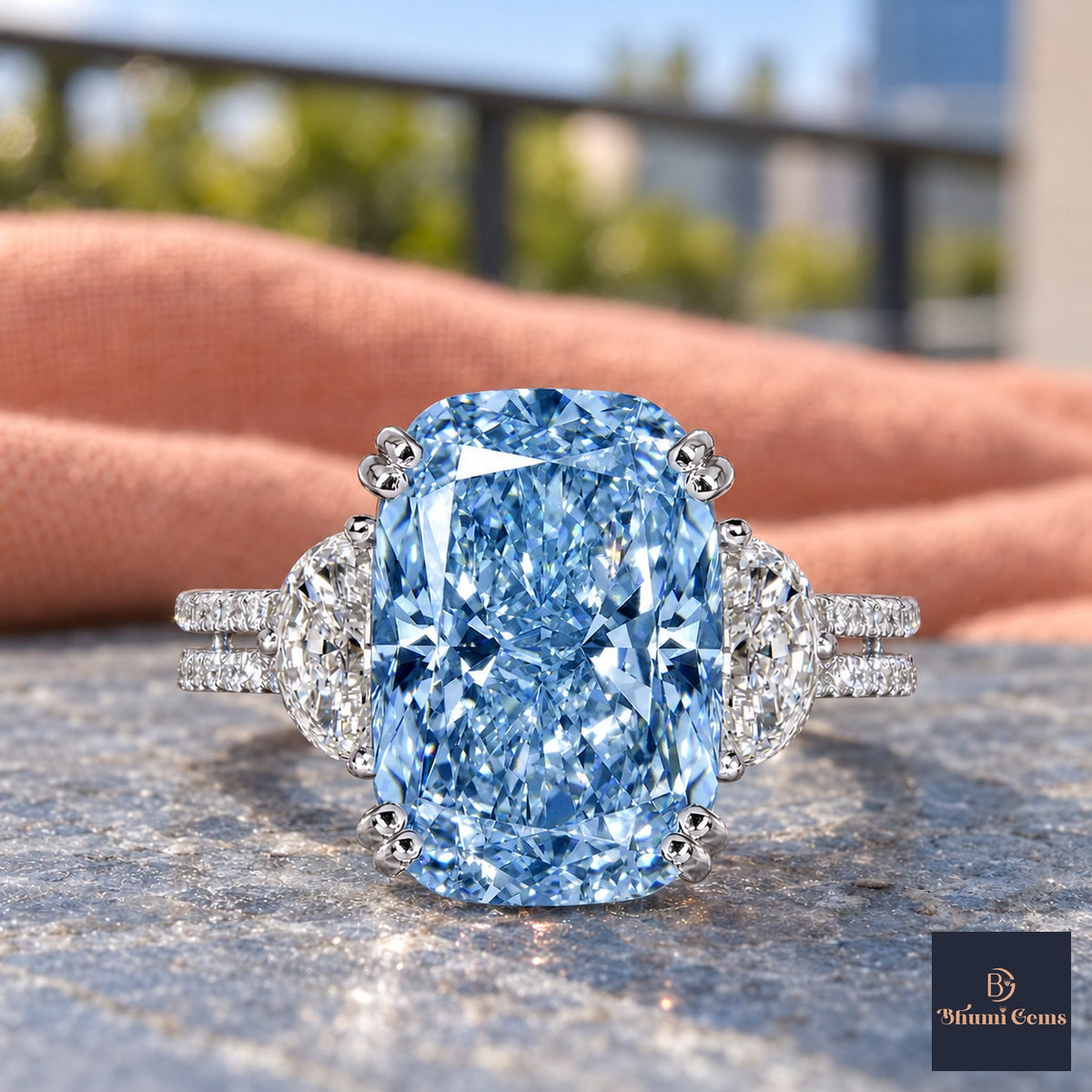 Blue Elongated Cushion Cut Lab Grown Diamond Engagement Ring - Half Moon Split Shank in white gold, close-up
