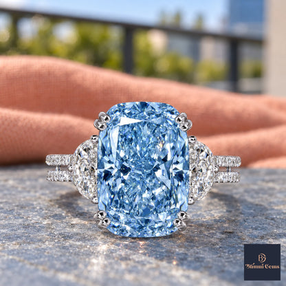 Blue Elongated Cushion Cut Lab Grown Diamond Engagement Ring - Half Moon Split Shank in white gold, close-up