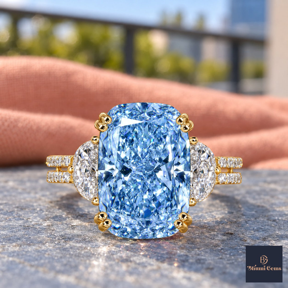 Blue Elongated Cushion Cut Lab Grown Diamond Engagement Ring - Half Moon Split Shank in yellow gold, close-up