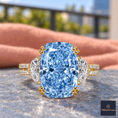 Blue Elongated Cushion Cut Lab Grown Diamond Engagement Ring - Half Moon Split Shank in yellow gold, close-up