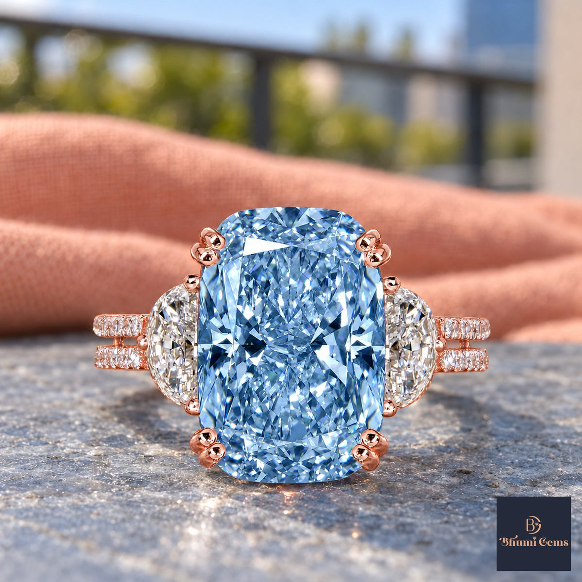 Blue Elongated Cushion Cut Lab Grown Diamond Engagement Ring - Half Moon Split Shank in rose gold, close-up