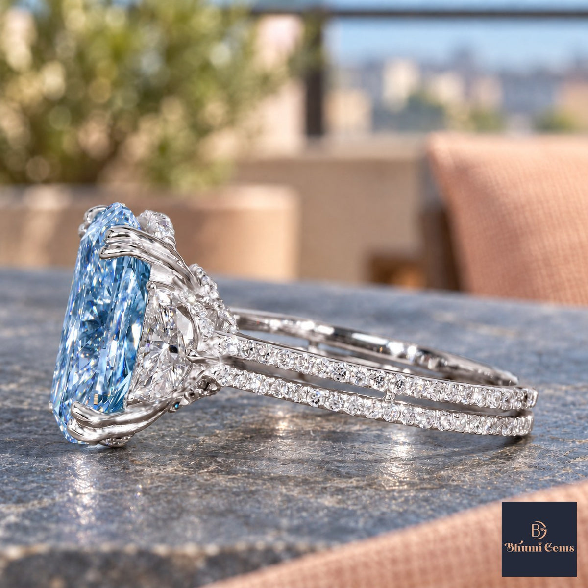 Blue Elongated Cushion Cut Lab Grown Diamond Engagement Ring - Half Moon Split Shank in white gold, side view
